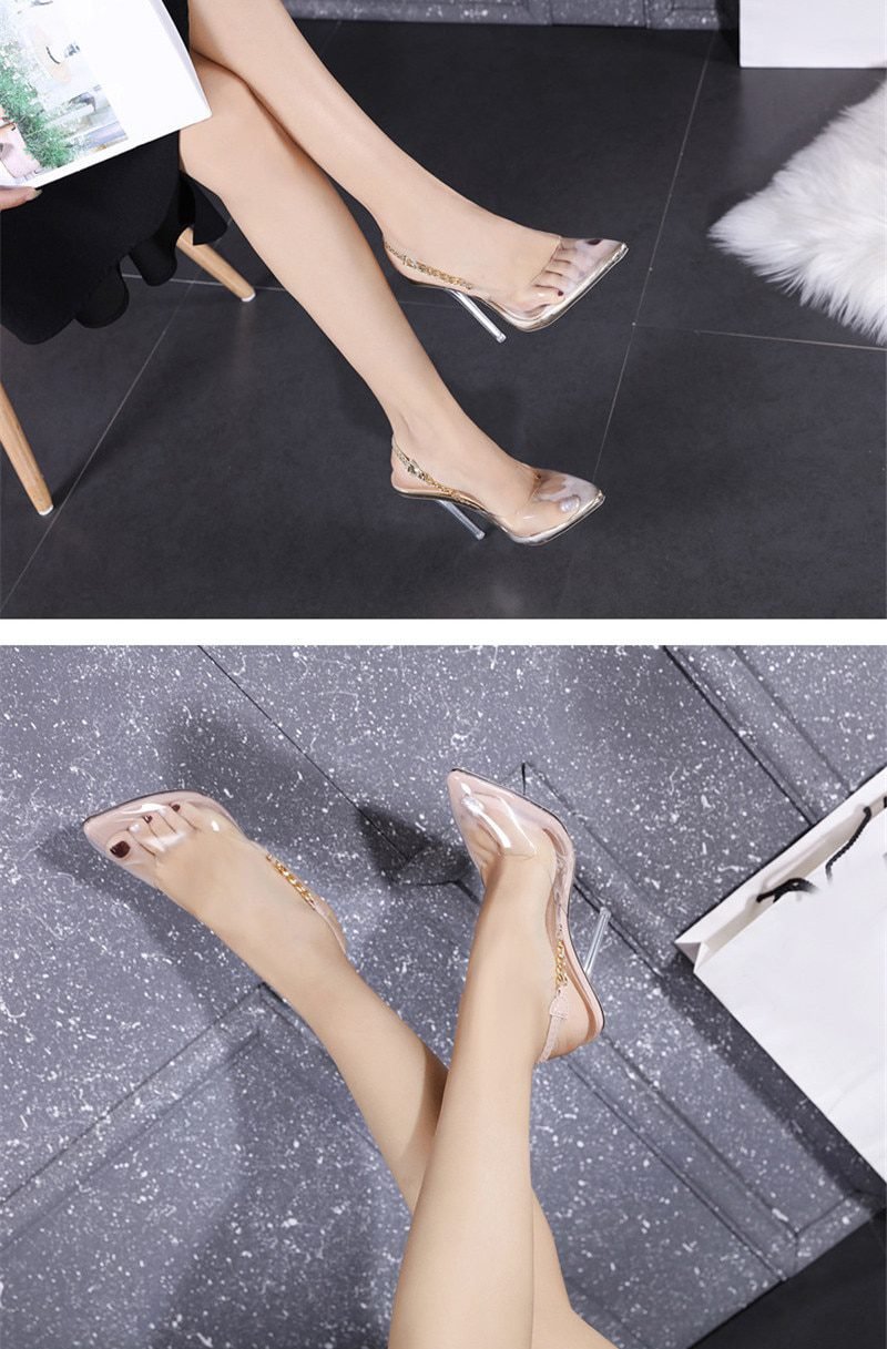 Eilyken Transparent Pumps Women Sexy Pointed Toe Chain Design Crystal Heel Ladies Shoes Stiletto High Heels Wedding Dress Shoes