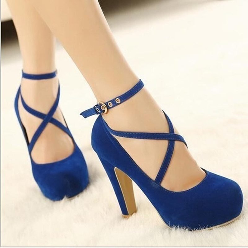 Shoes Woman Pumps Cross-Tied Ankle Strap Wedding Party Shoes Platform Dress Women Shoes High Heels Suede Ladies Shoes Plus Size
