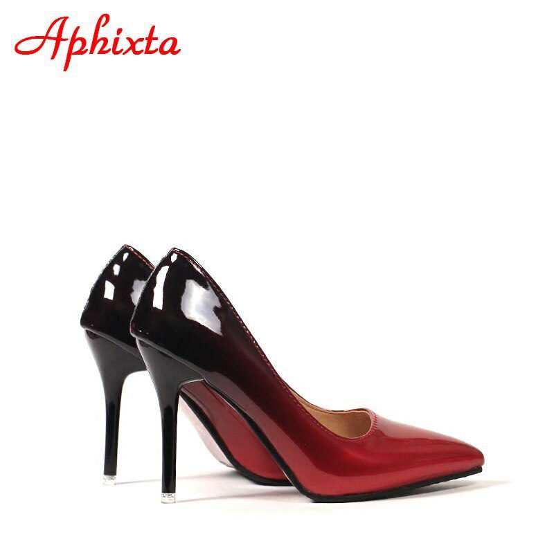 Aphixta Pointed Toe Women Thin Heel Shoes 10cm Heels Pointed Toe Patent Leather Wedding Party Shoes Woman Big Size 48