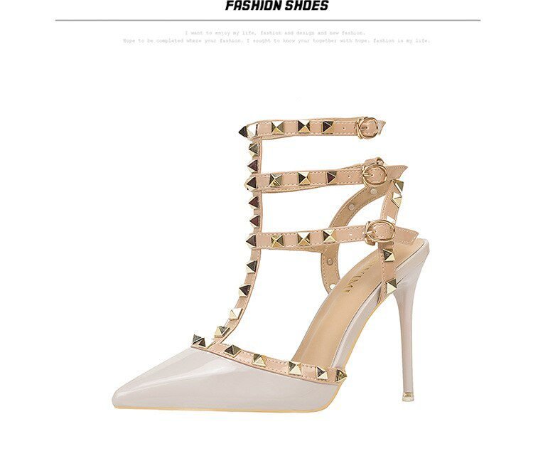 Roman fashion rivet sandals 10CM PUMPS Woman shoes Sexy nightclub stiletto heels patent-leather metallic rivet hollow