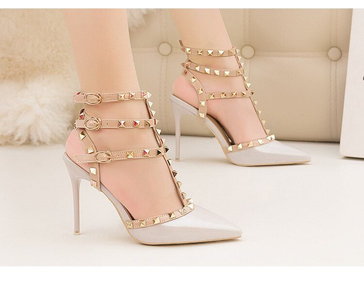 Roman fashion rivet sandals 10CM PUMPS Woman shoes Sexy nightclub stiletto heels patent-leather metallic rivet hollow