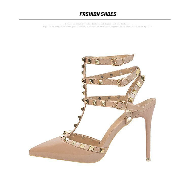Roman fashion rivet sandals 10CM PUMPS Woman shoes Sexy nightclub stiletto heels patent-leather metallic rivet hollow