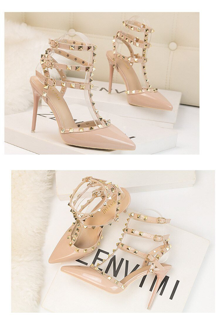 Roman fashion rivet sandals 10CM PUMPS Woman shoes Sexy nightclub stiletto heels patent-leather metallic rivet hollow