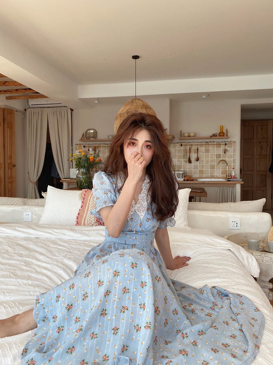 Women Elegant Lace Chiffon Korean Party Dress Puff Sleeve V Neck Dress