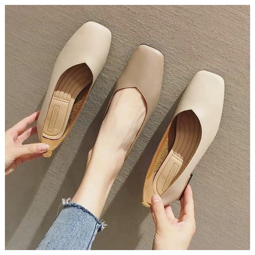 New Spring Flats Shoes Women Wooden Low Heel Ballet Square Toe Shallow Brand Shoe Slip On Loafer zapatos de mujer big size 35-41