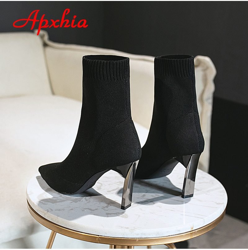 Aphixta Metal Blade Heels Socks Boots Women Stretch Fabric Elastic Stilettos Heel Pointed Toe Ankle Boots Shoes Woman Boats