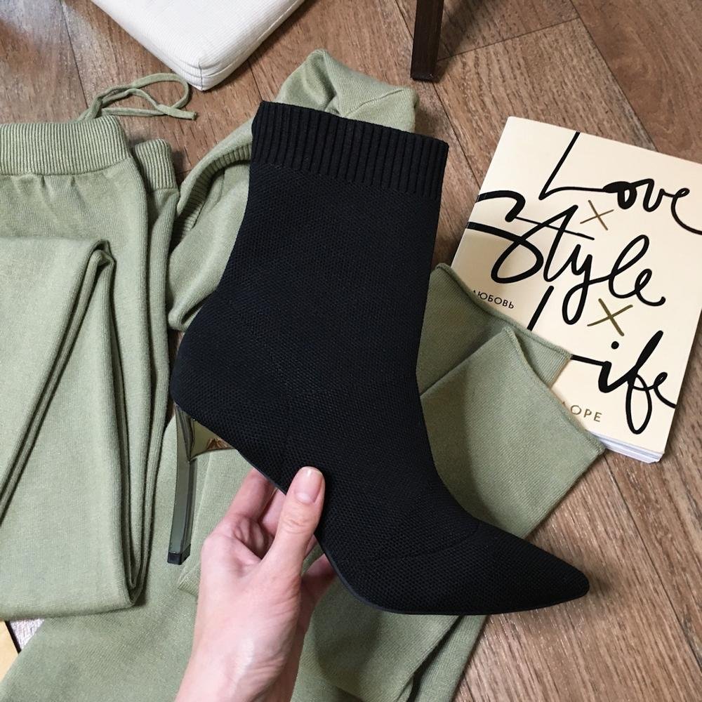 Aphixta Metal Blade Heels Socks Boots Women Stretch Fabric Elastic Stilettos Heel Pointed Toe Ankle Boots Shoes Woman Boats