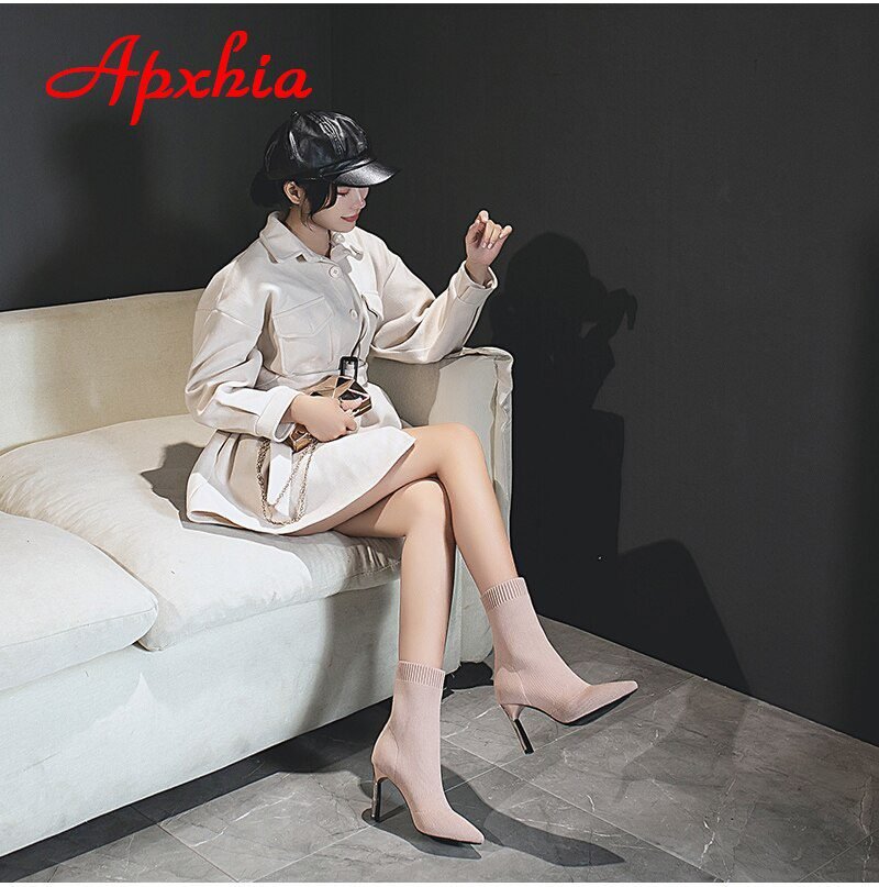 Aphixta Metal Blade Heels Socks Boots Women Stretch Fabric Elastic Stilettos Heel Pointed Toe Ankle Boots Shoes Woman Boats