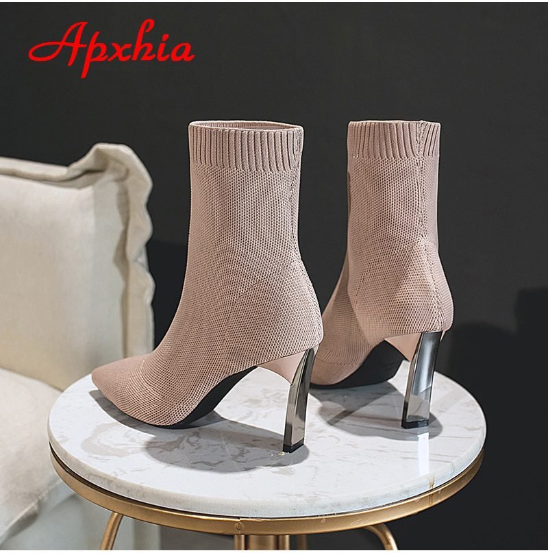 Aphixta Metal Blade Heels Socks Boots Women Stretch Fabric Elastic Stilettos Heel Pointed Toe Ankle Boots Shoes Woman Boats