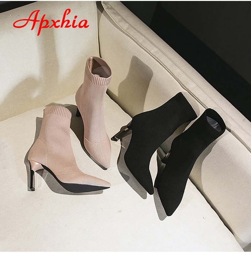 Aphixta Metal Blade Heels Socks Boots Women Stretch Fabric Elastic Stilettos Heel Pointed Toe Ankle Boots Shoes Woman Boats