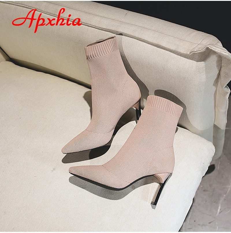 Aphixta Metal Blade Heels Socks Boots Women Stretch Fabric Elastic Stilettos Heel Pointed Toe Ankle Boots Shoes Woman Boats