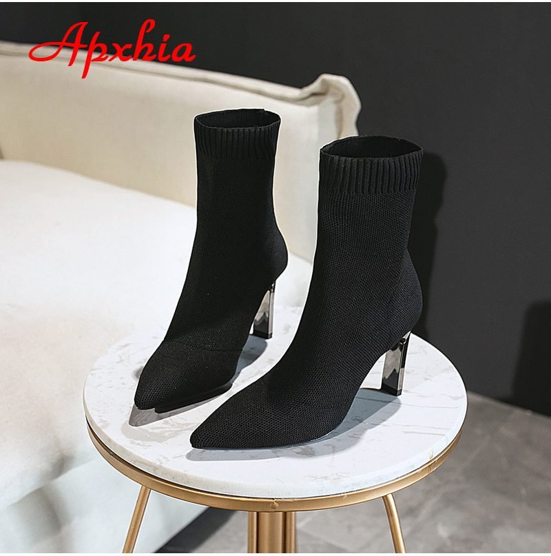 Aphixta Metal Blade Heels Socks Boots Women Stretch Fabric Elastic Stilettos Heel Pointed Toe Ankle Boots Shoes Woman Boats