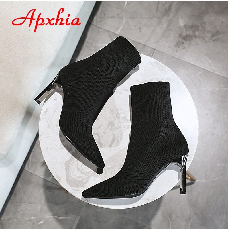 Aphixta Metal Blade Heels Socks Boots Women Stretch Fabric Elastic Stilettos Heel Pointed Toe Ankle Boots Shoes Woman Boats