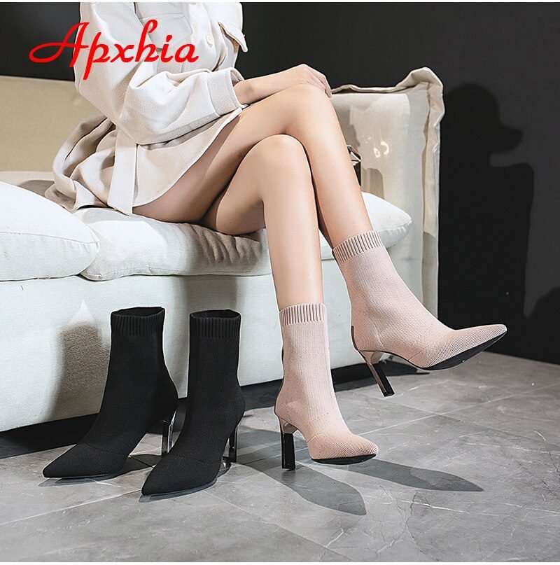 Aphixta Metal Blade Heels Socks Boots Women Stretch Fabric Elastic Stilettos Heel Pointed Toe Ankle Boots Shoes Woman Boats