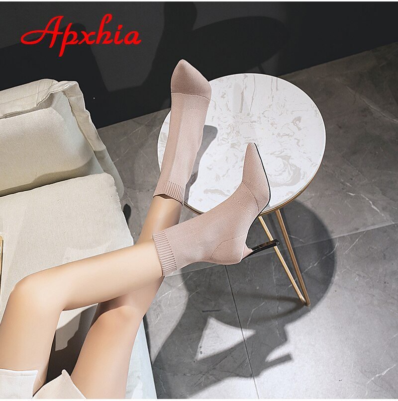 Aphixta Metal Blade Heels Socks Boots Women Stretch Fabric Elastic Stilettos Heel Pointed Toe Ankle Boots Shoes Woman Boats