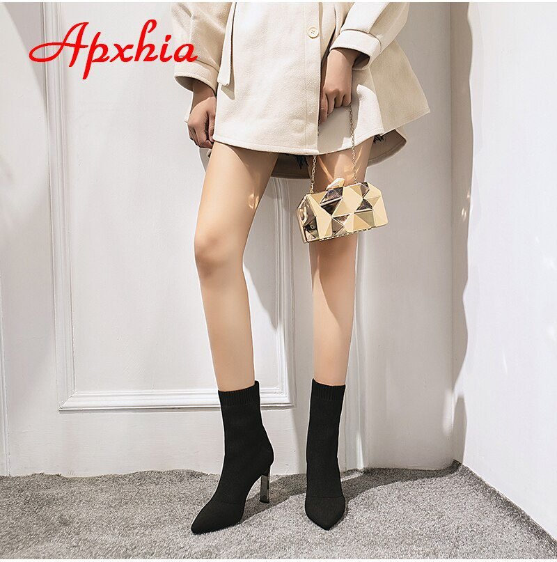 Aphixta Metal Blade Heels Socks Boots Women Stretch Fabric Elastic Stilettos Heel Pointed Toe Ankle Boots Shoes Woman Boats