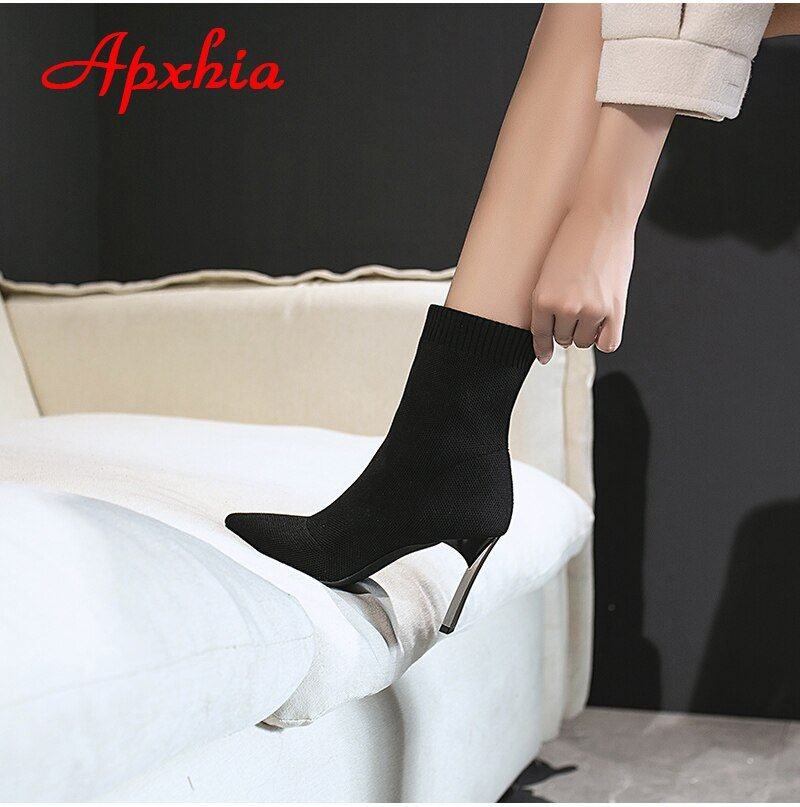 Aphixta Metal Blade Heels Socks Boots Women Stretch Fabric Elastic Stilettos Heel Pointed Toe Ankle Boots Shoes Woman Boats