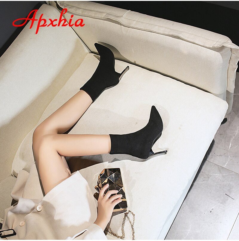 Aphixta Metal Blade Heels Socks Boots Women Stretch Fabric Elastic Stilettos Heel Pointed Toe Ankle Boots Shoes Woman Boats