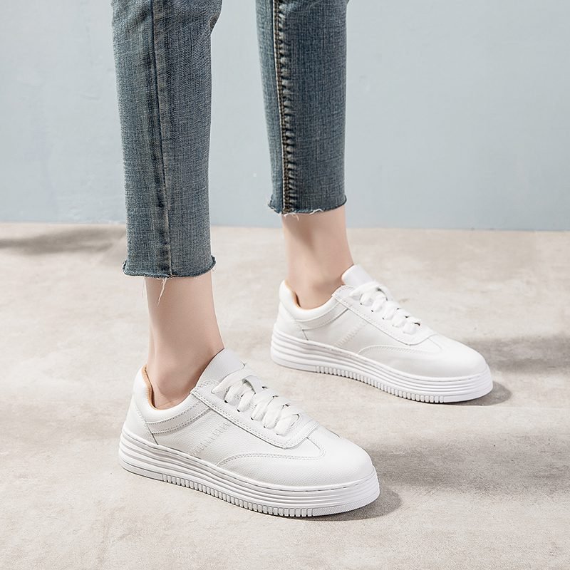 Fashion White Split Leather Women Chunky Sneakers White Shoes Lace Up Tenis Feminino Zapatos De Mujer Platform Women Casual Shoe