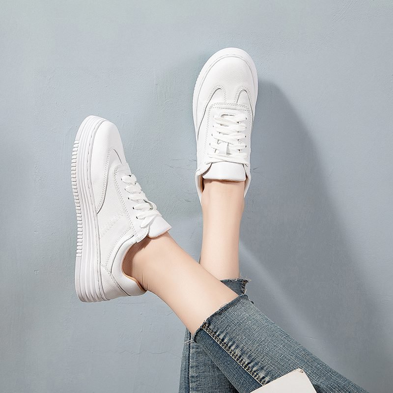 Fashion White Split Leather Women Chunky Sneakers White Shoes Lace Up Tenis Feminino Zapatos De Mujer Platform Women Casual Shoe