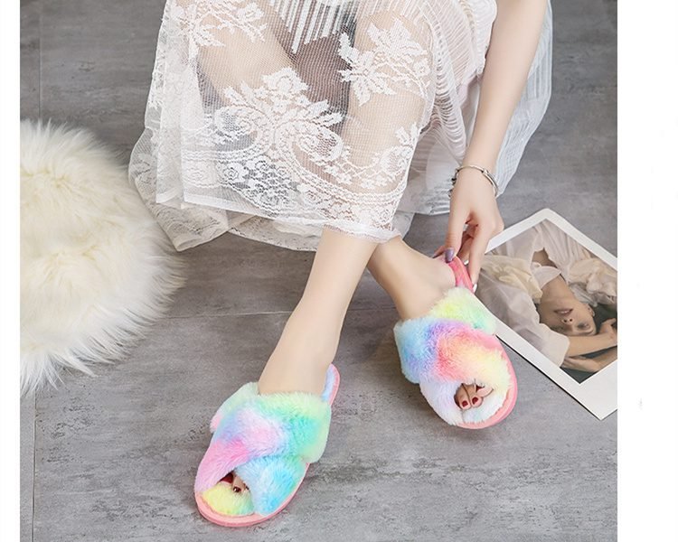 Winter Women House Slippers Faux Fur Fashion Warm Shoes Woman Slip on Flats Female Slides Black Pink cozy home furry slippers