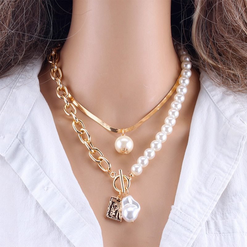 Fashion Chain Pearl Necklace For Women Baroque Pearl Metal Charm Pendants Necklaces Choker Snake Chain Jewelry Gold Silver Color