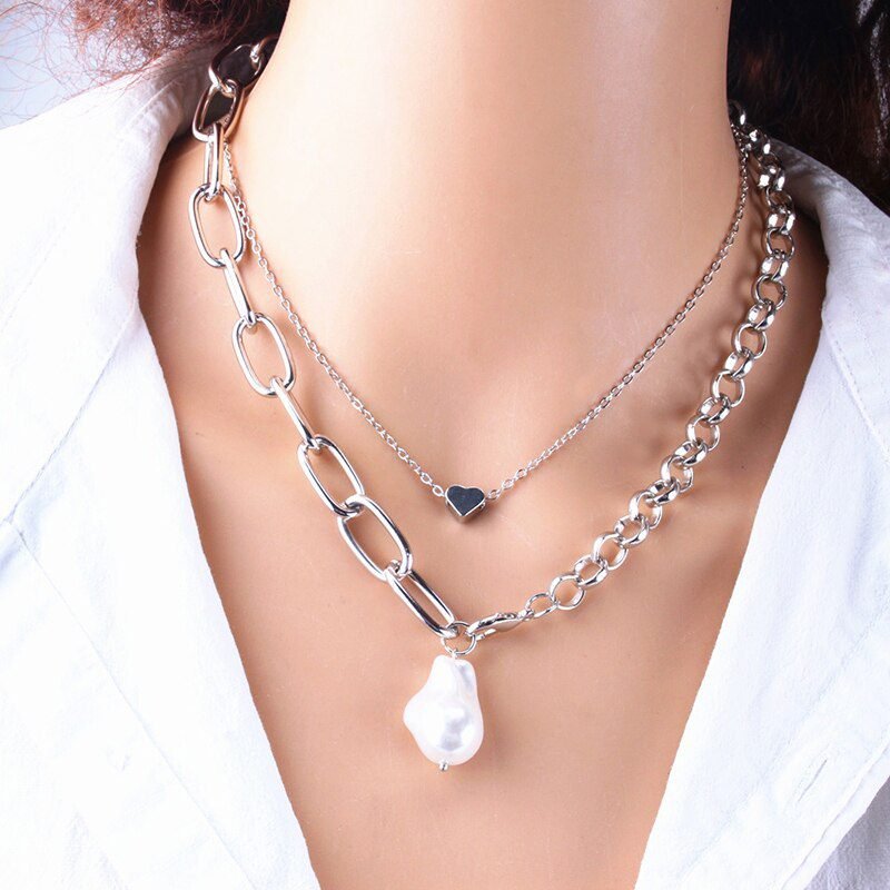 Fashion Chain Pearl Necklace For Women Baroque Pearl Metal Charm Pendants Necklaces Choker Snake Chain Jewelry Gold Silver Color