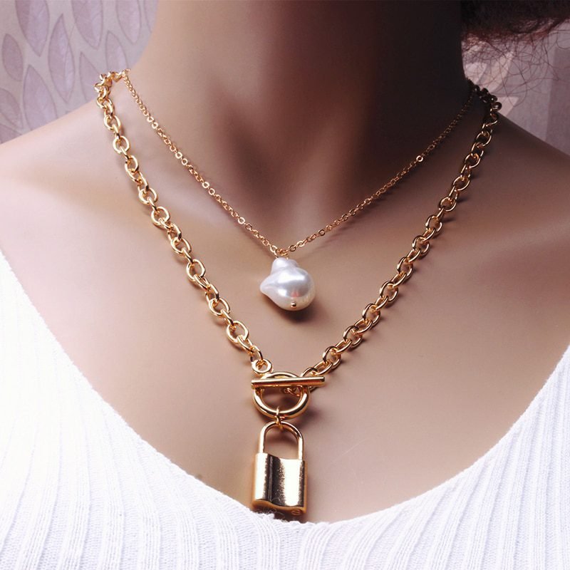Fashion Chain Pearl Necklace For Women Baroque Pearl Metal Charm Pendants Necklaces Choker Snake Chain Jewelry Gold Silver Color