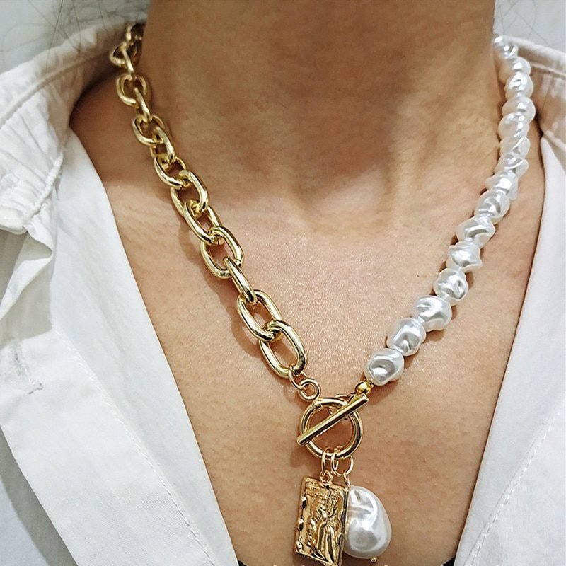Fashion Chain Pearl Necklace For Women Baroque Pearl Metal Charm Pendants Necklaces Choker Snake Chain Jewelry Gold Silver Color