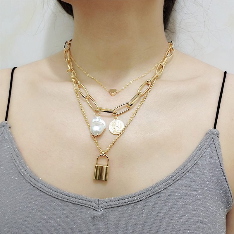 Fashion Chain Pearl Necklace For Women Baroque Pearl Metal Charm Pendants Necklaces Choker Snake Chain Jewelry Gold Silver Color