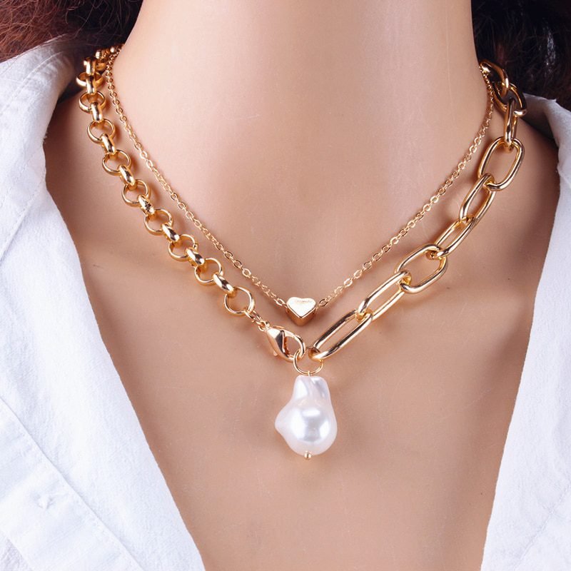 Fashion Chain Pearl Necklace For Women Baroque Pearl Metal Charm Pendants Necklaces Choker Snake Chain Jewelry Gold Silver Color