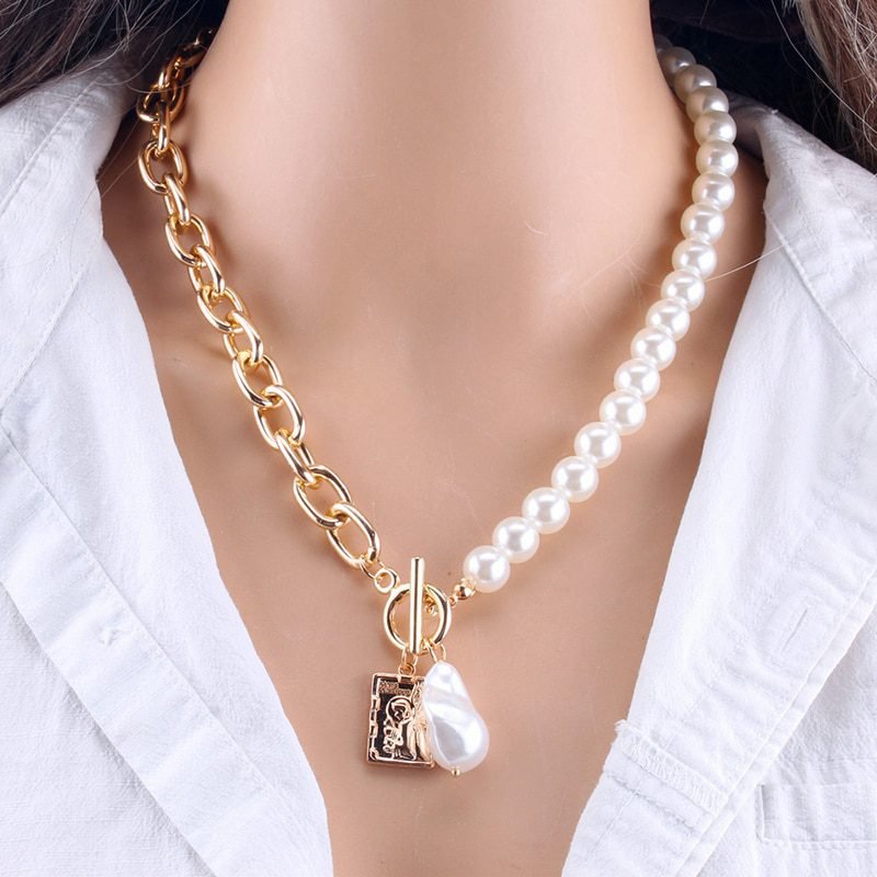 Fashion Chain Pearl Necklace For Women Baroque Pearl Metal Charm Pendants Necklaces Choker Snake Chain Jewelry Gold Silver Color