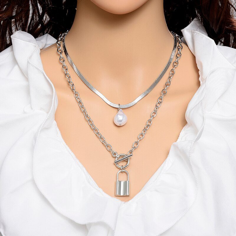 Fashion Chain Pearl Necklace For Women Baroque Pearl Metal Charm Pendants Necklaces Choker Snake Chain Jewelry Gold Silver Color