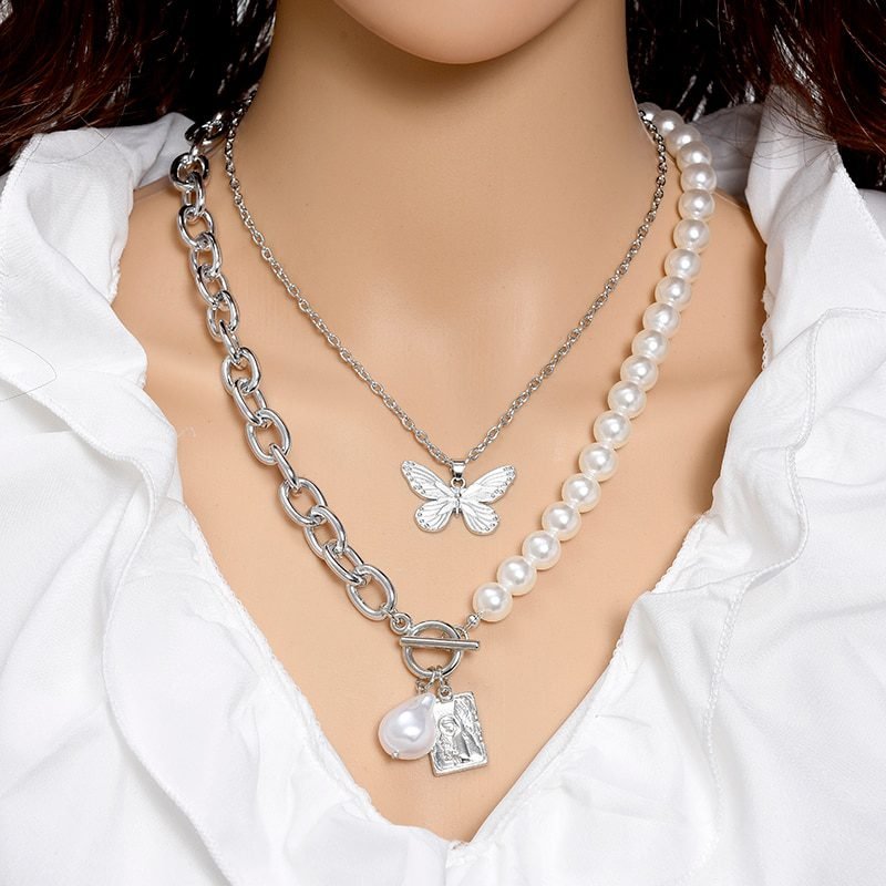 Fashion Chain Pearl Necklace For Women Baroque Pearl Metal Charm Pendants Necklaces Choker Snake Chain Jewelry Gold Silver Color