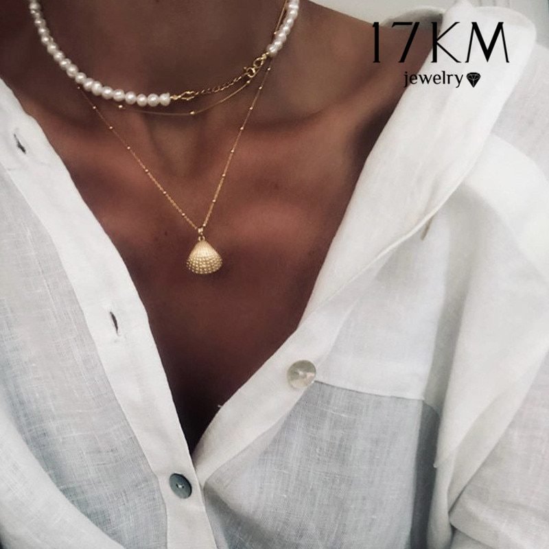 17KM Vintage Pearl Necklaces For Women Fashion Multi-layer Shell Knot Pearl Chain Necklace 2020 NEW Coin Cross Choker Jewelry