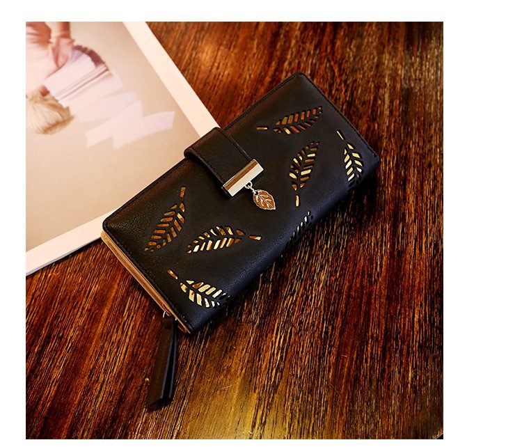 Women Wallet PU Leather Purse Female Long Wallet Gold Hollow Leaves Pouch Handbag For Women Coin Purse Card Holders Clutch