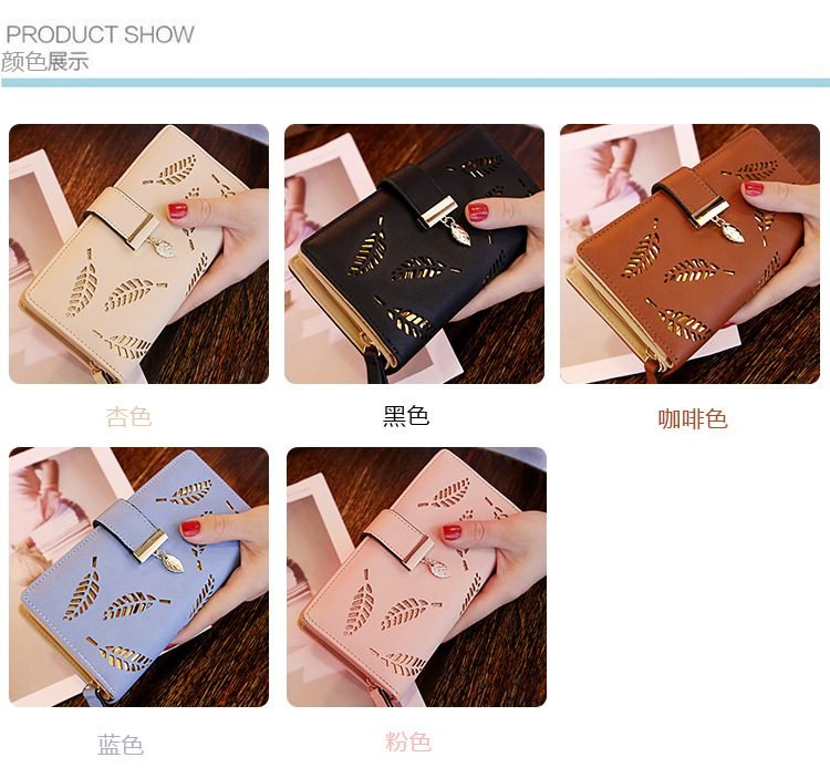 Women Wallet PU Leather Purse Female Long Wallet Gold Hollow Leaves Pouch Handbag For Women Coin Purse Card Holders Clutch