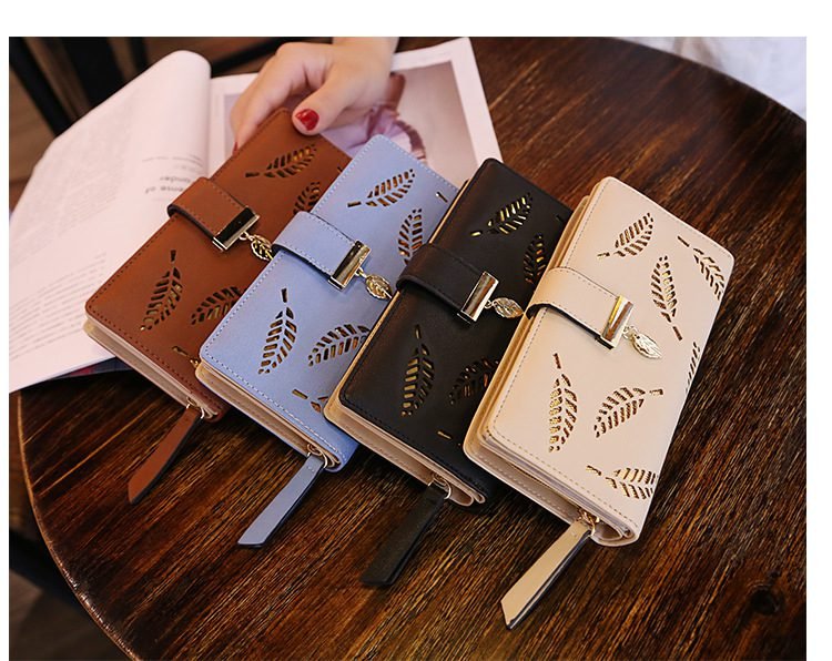 Women Wallet PU Leather Purse Female Long Wallet Gold Hollow Leaves Pouch Handbag For Women Coin Purse Card Holders Clutch