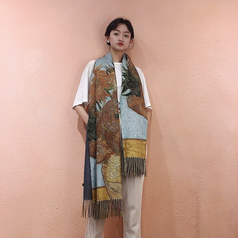 Van Gogh's Oil Painting Cashmere Scarf Women Winter Coffee House Print Wool Shawls and Wraps Ladies Cape Blanket Scarves New