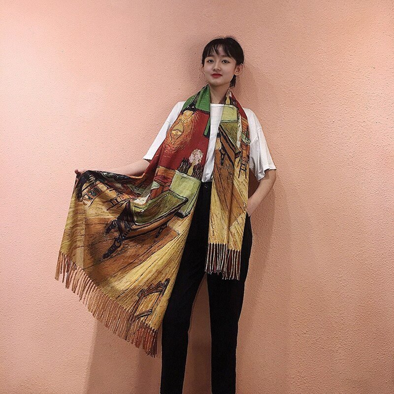 Van Gogh's Oil Painting Cashmere Scarf Women Winter Coffee House Print Wool Shawls and Wraps Ladies Cape Blanket Scarves New