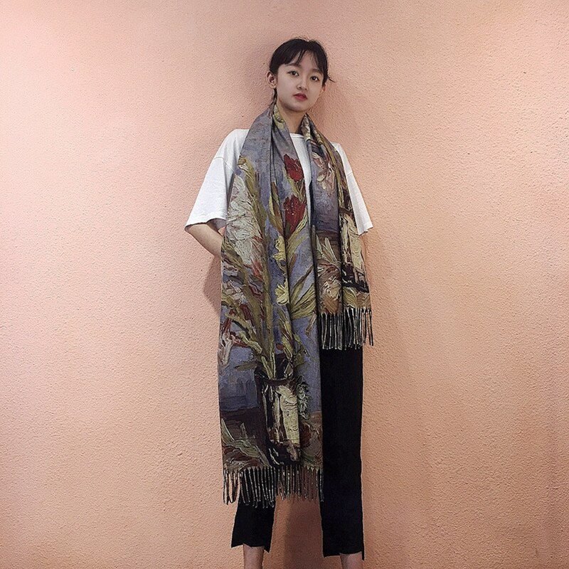Van Gogh's Oil Painting Cashmere Scarf Women Winter Coffee House Print Wool Shawls and Wraps Ladies Cape Blanket Scarves New