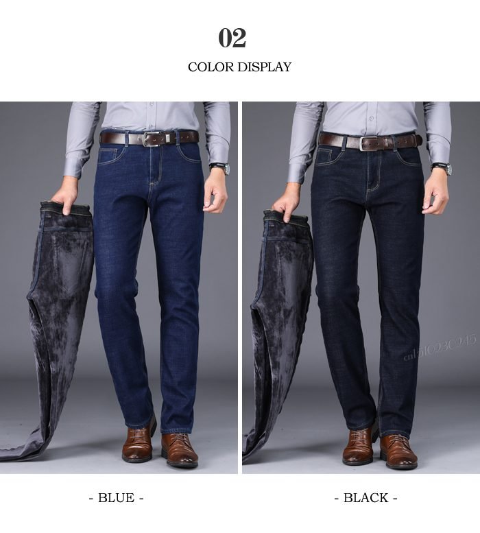 2020 Winter New Men's Warm Slim Fit Jeans Business Fashion Thicken Denim Trousers Fleece Stretch Brand Pants Black Blue