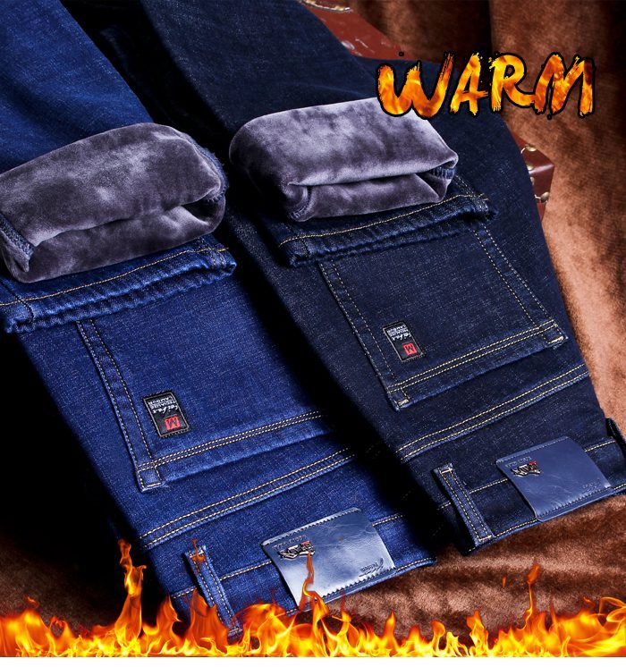 2020 Winter New Men's Warm Slim Fit Jeans Business Fashion Thicken Denim Trousers Fleece Stretch Brand Pants Black Blue