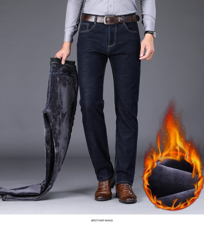 2020 Winter New Men's Warm Slim Fit Jeans Business Fashion Thicken Denim Trousers Fleece Stretch Brand Pants Black Blue