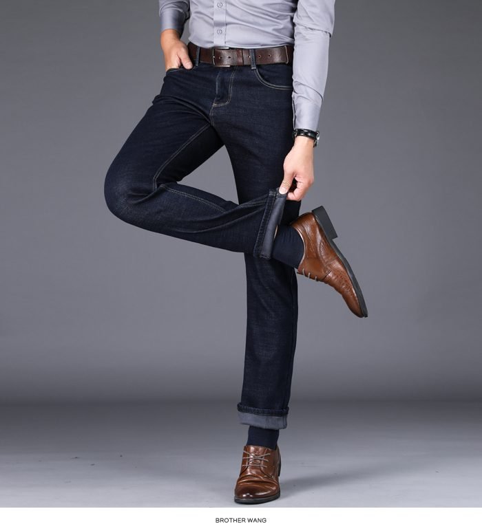 2020 Winter New Men's Warm Slim Fit Jeans Business Fashion Thicken Denim Trousers Fleece Stretch Brand Pants Black Blue