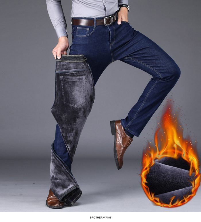 2020 Winter New Men's Warm Slim Fit Jeans Business Fashion Thicken Denim Trousers Fleece Stretch Brand Pants Black Blue