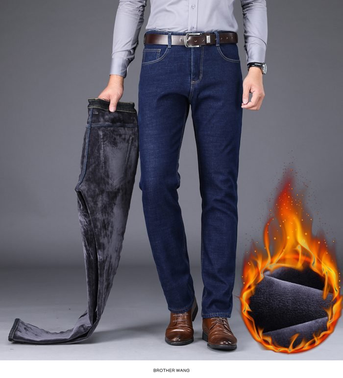 2020 Winter New Men's Warm Slim Fit Jeans Business Fashion Thicken Denim Trousers Fleece Stretch Brand Pants Black Blue