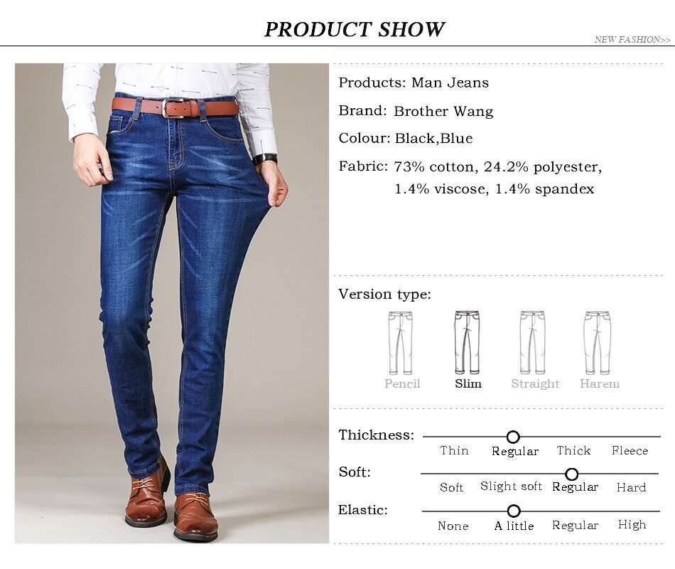 Brother Wang Men's Fashion Business Jeans Classic Style Casual Stretch Slim Jean Pants Male Brand Denim Trousers Black Blue