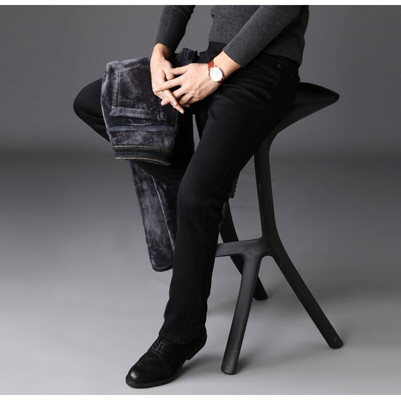 2020 Winter New Men Warm Slim Jeans Elasticity Skinny Black Jeans Fashion Casual Thick Denim Pants Trousers Male Brand Clothes