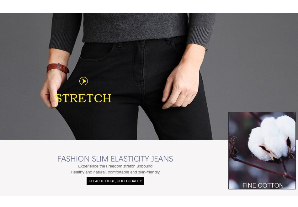 2020 Winter New Men Warm Slim Jeans Elasticity Skinny Black Jeans Fashion Casual Thick Denim Pants Trousers Male Brand Clothes